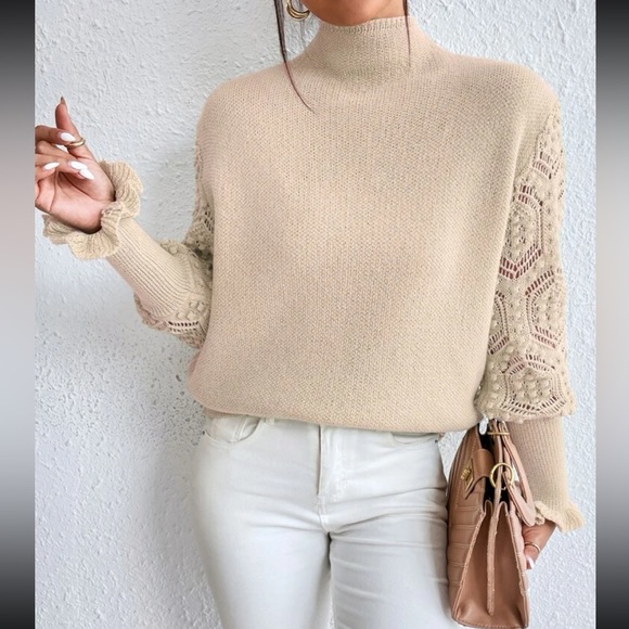 Cozy Cowl High Neck Eyelet Detail Flounce Sleeve Sweater - Picture 5 of 9